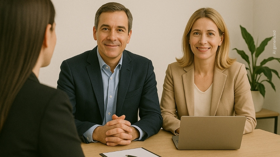 Eine Beratungssituation mit einer Beraterin und einer Frau und einem Mann