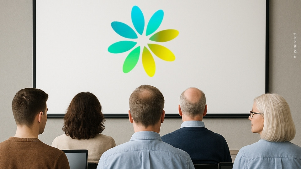 KI-Bild einer Schulungssituation, auf der Leinwand das Logo von KI Senn