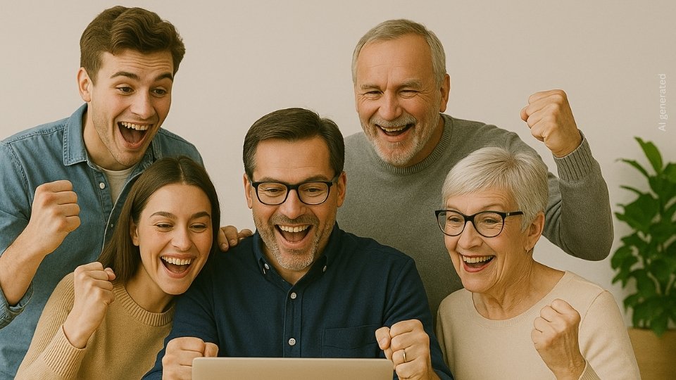 Gruppe von Teammitgliedern versammelt vor einem Laptop, Freude über gelungene Umsetzung
